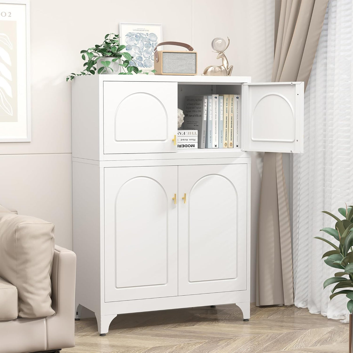 Metal Storage Cabinet with 2 Doors, 48" H White Sideboard Cabinet, Small Kitchen Pantry with Adjustable Shelf, Coffee Bar Cabinets, Storage Cabinets for Kitchen, Pantry, Living Room, Office MetalMax