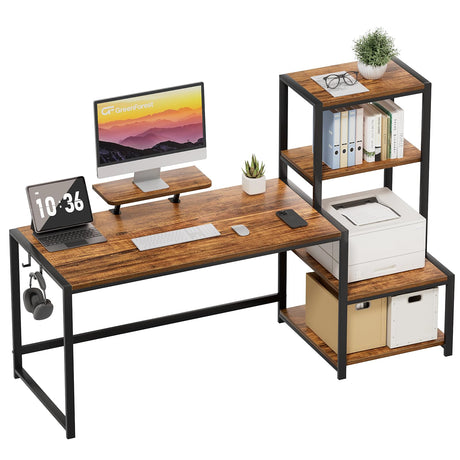 GreenForest Computer Desk 58 inch with Printer Shelf, Reversible Office Desk with Monitor Stand and 2 Hooks, Home Desk Workstation for Study Writing Working Gaming, Brown GreenForest