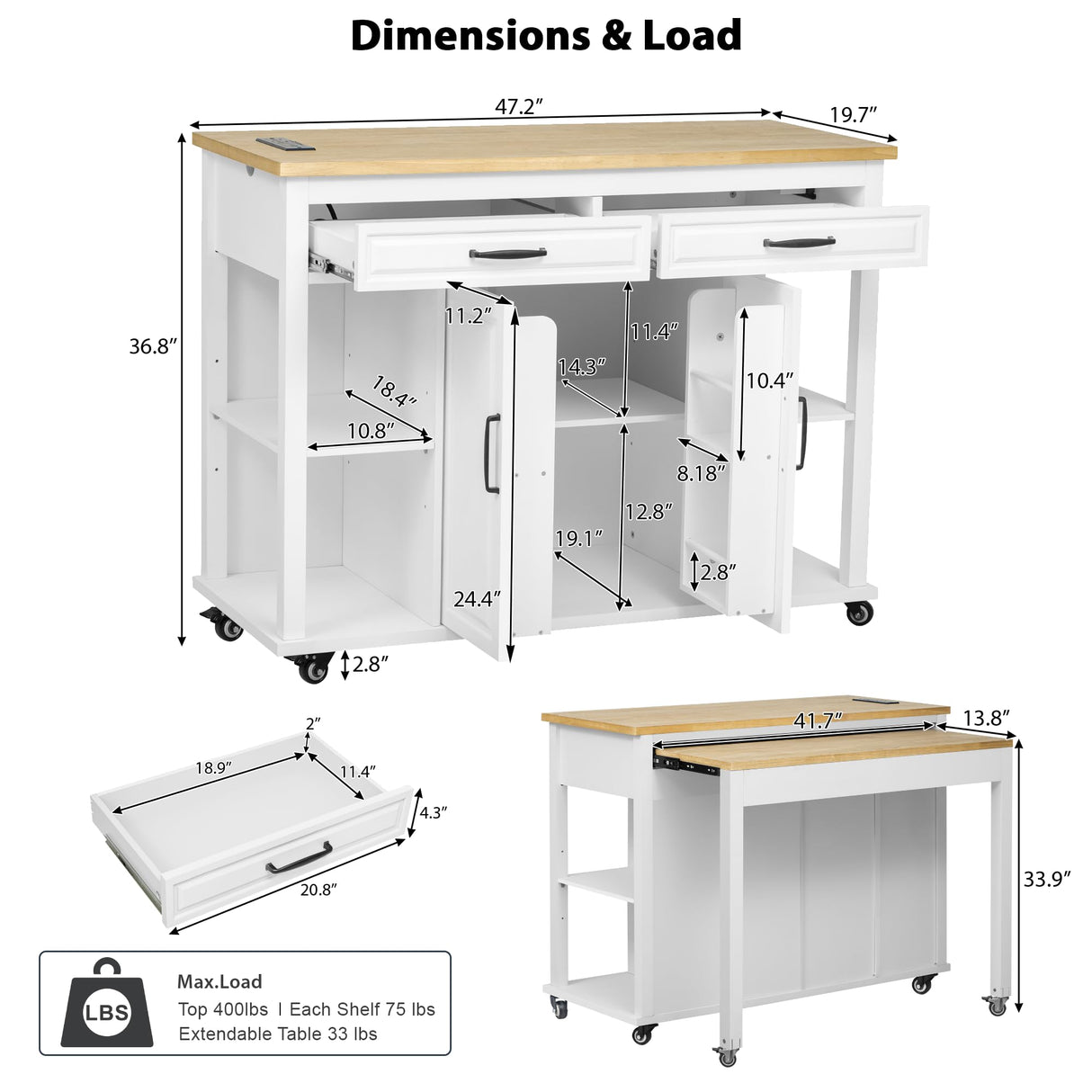 Merax Kitchen Island on Wheels with Extendable Dining Table & Power Outlet, Wood Kitchen Rolling Cart with Internal Storage Rack, 2 Drawers & 2 Cabinets, 47" Wide White Merax