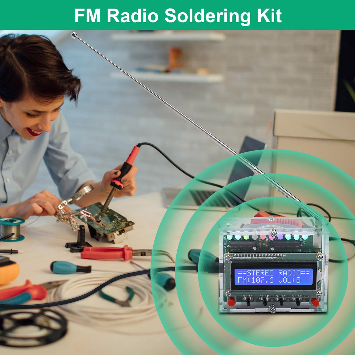 FM Radio Kit, ICSTATION Soldering Projects Radio with LED Flashing Lights FM 87-108MHz Soldering Practice Kit DIY Radio Kit LCD1602 Display for Learning Teaching STEM Education Father's Day Present IS