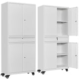 SISESOL White Metal Storage Cabinet with 4 Wheels and 1 Drawer,Rolling Garage Cabinet with Locking Doors and Adjustable Shelves,73" Mobile Tall Large Metal Cabinet for Home,Office,Garage,Shop SISESOL