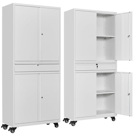 SISESOL White Metal Storage Cabinet with 4 Wheels and 1 Drawer,Rolling Garage Cabinet with Locking Doors and Adjustable Shelves,73" Mobile Tall Large Metal Cabinet for Home,Office,Garage,Shop SISESOL