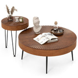 COSTWAY Farmhouse Round Coffee Table Set of 2, Rustic Sofa Side Tea Tables w/Wood Finish, Metal Frame, Adjustable Foot Pads, Nesting End Table Set for Living Room, Bedroom (Radial Pattern, Brown) COSTWAY
