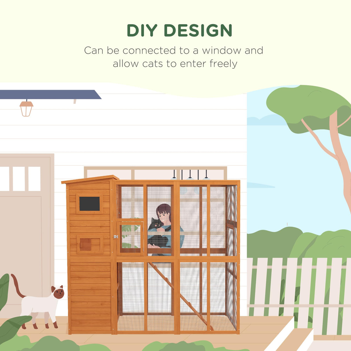 PawHut Large Cat House Outdoor Catio Wooden Feral Cat Shelter, Kitten Enclosure with Door, Cat Condo and Weather Protection Asphalt Roof, 77" L, Natural PawHut