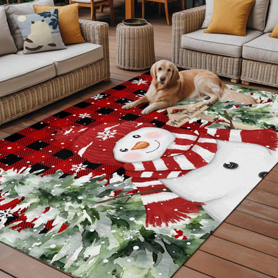 Christmas Red Snowman Outdoor Rug 6x9ft Winter Snowflakes Tree Red Plaid Waterproof Patio Rugs Lightweight Foldable Outside Large Area Rug Carpet for Porch Deck Balcony Backyard Camper
