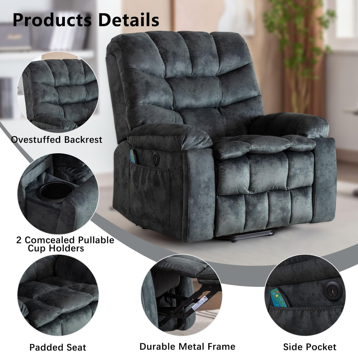 IOMOR Large Power Lift Recliner with Massage and Heat for Elderly, Heavy Duty & Safety Motion Reclining Mechanism, Ergonomic Electric Wider Chair with USB Port, 2 Hidden Cup Holders (1, Grey Green) IOMOR