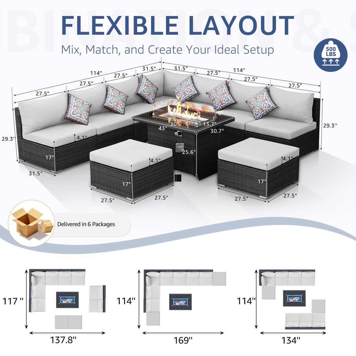 NICESOUL 10 Piece Modern Outdoor Patio Furniture Set with Firepit Natural Gas Propane Convertible, 29.3'' High Back Extra Large Size Wicker Conversation, Deep Wide Comfortable Couch for Outside, Grey NICESOUL