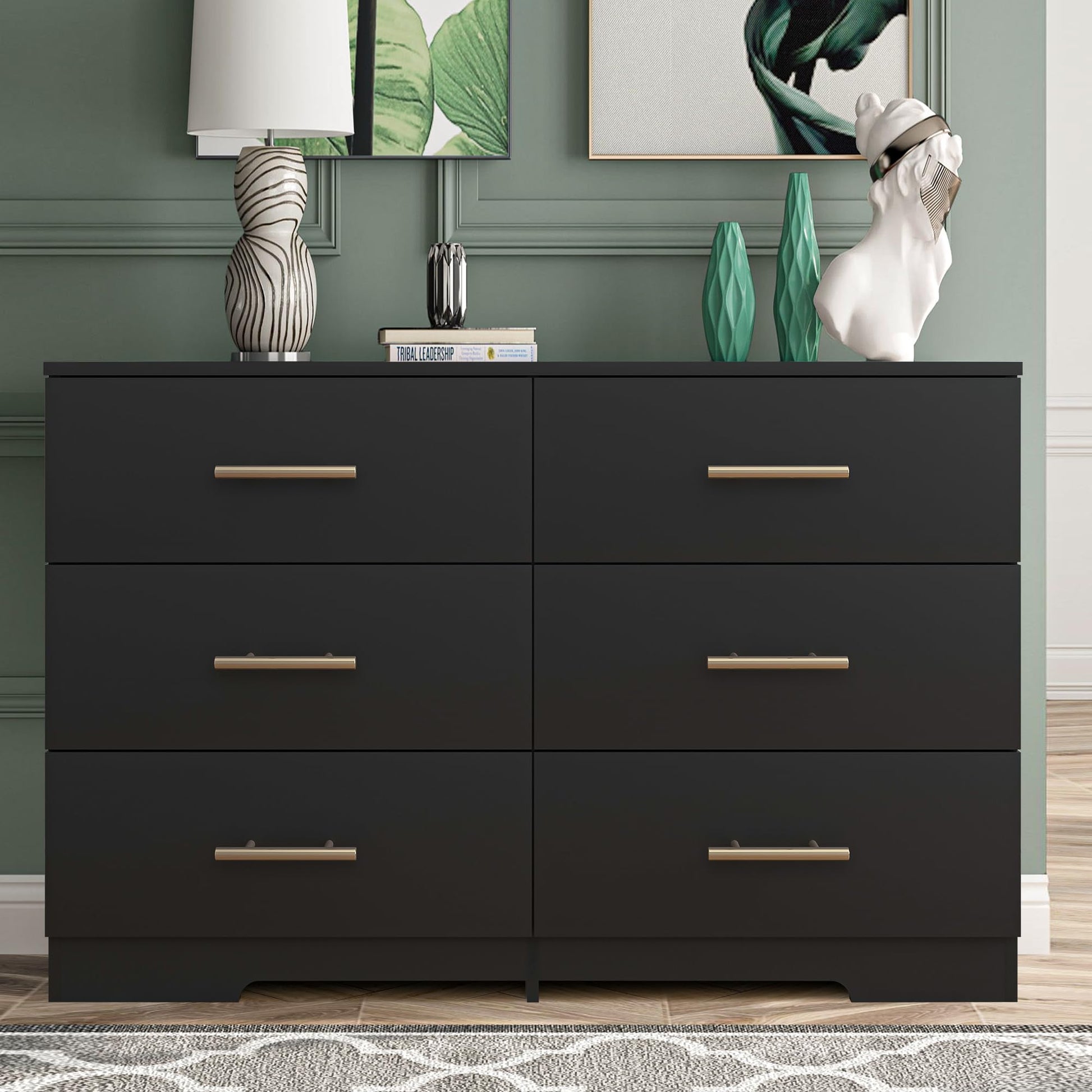 Vibe & Dine Black Dresser for Bedroom with Wide Storage, Modern 6 Drawer Dresser with Gold Handles, Wooden Chest of Drawers for Living Room - WoodArtSupply