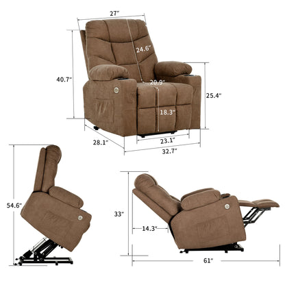 YITAHOME Electric Power Lift Recliner Chair for Elderly, Fabric Recliner Chair with Massage and Heat, Spacious Seat, USB Ports, Cup Holders, Side Pockets, Remote Control (Brown)