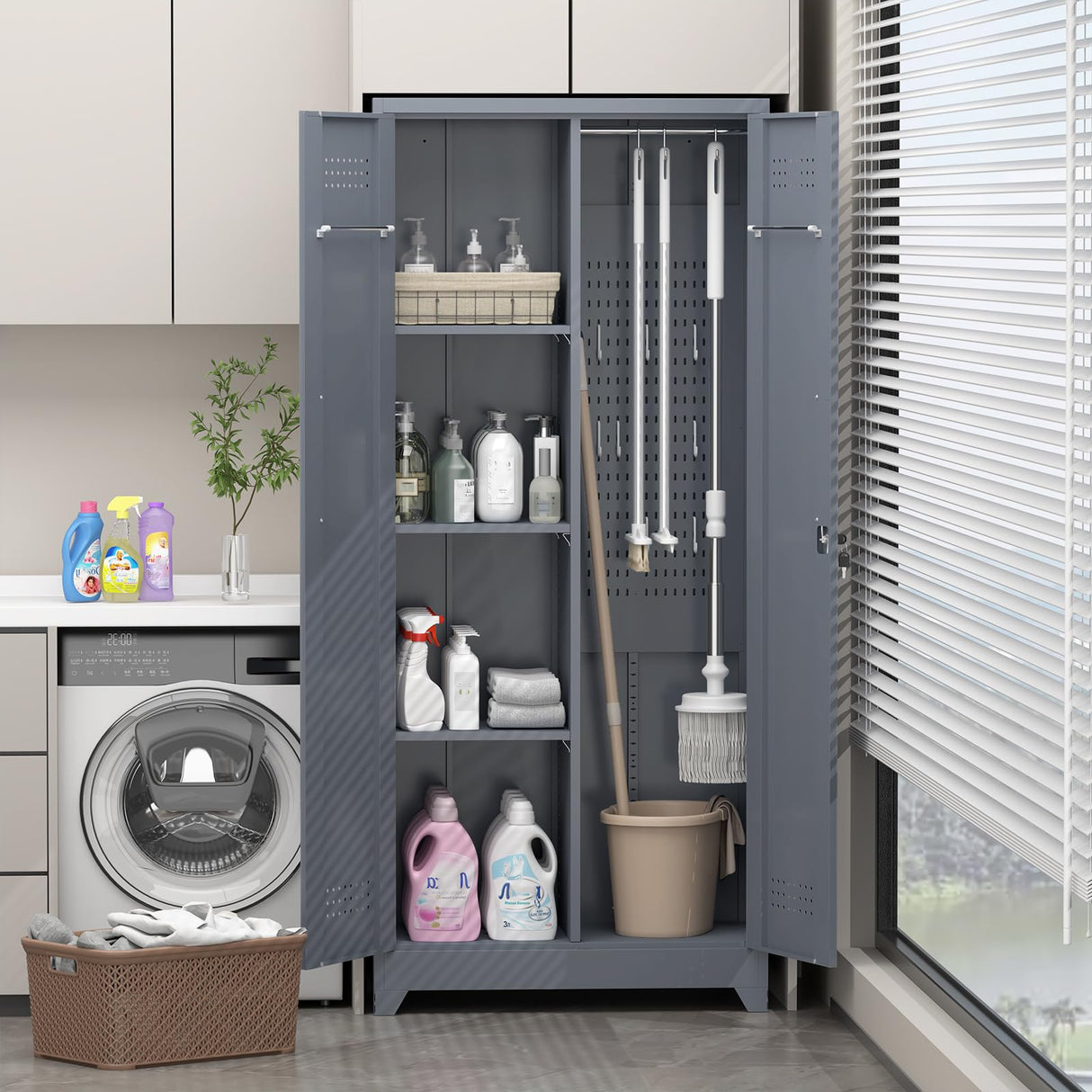 NICEGDLT Broom Closet, Broom Closet Storage Cabinets with Lock, 65" Metal Garage Organization Cabinet, Cleaning Supply Utility Storage Cabinet with Pegboard & Shelves for Laundry Room,Workshop NICEGDLT