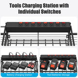 CCCEI Black Power Tools Organizers Wall Mount, Large Tools and Battery Storage Rack Charging Station. 8 Drill Holder, All Metal, Garage Utility Shelves with 6FT Power Strip. Gift for Men. CCCEI