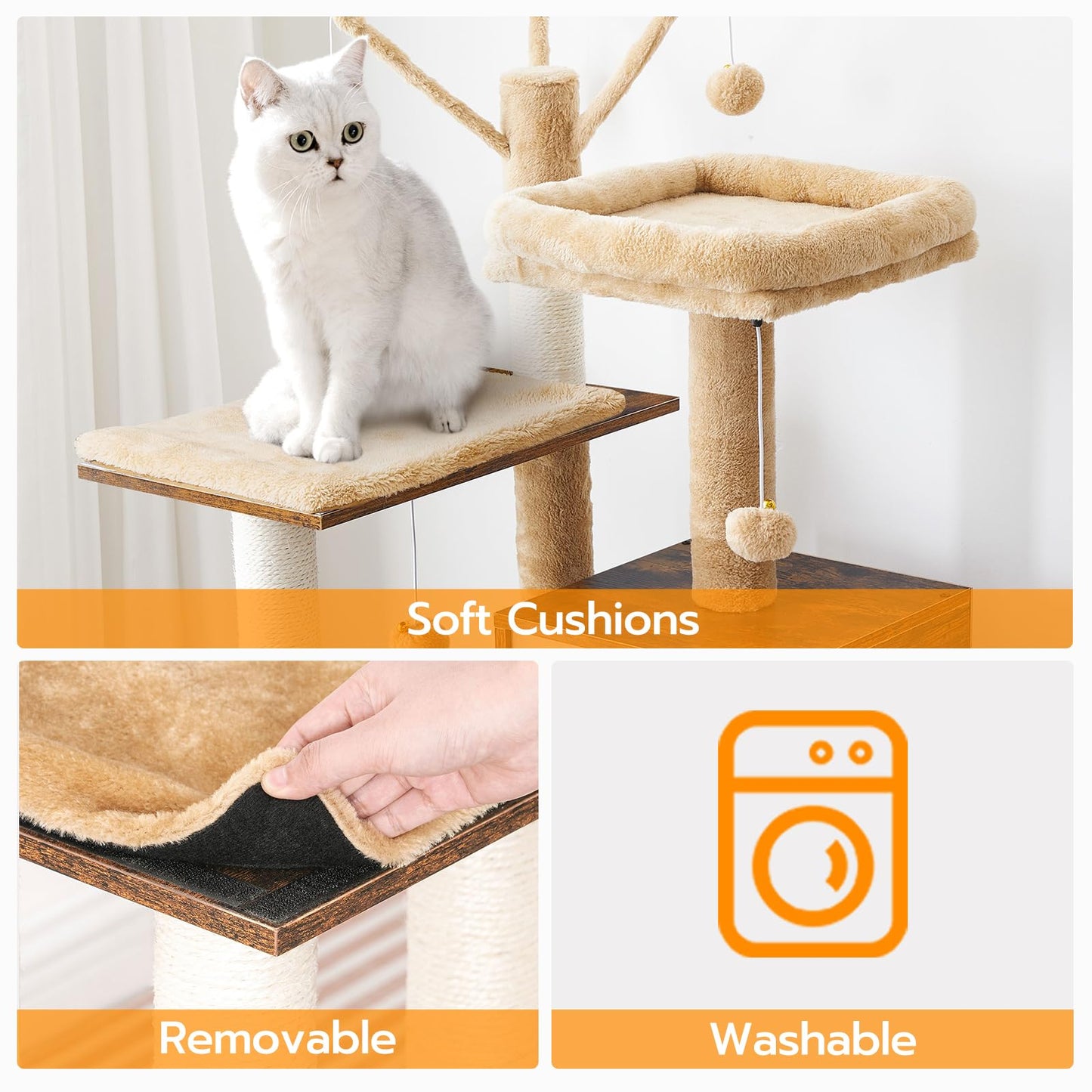 HOOBRO Cat Tree, 58.3 Inches Cat Tower for Indoor Cats, Wooden Cat House with 2 Cat Hammocks, Modern Cat Condo with Cat Scratching Posts, Cat Teaser Sticks, Soft Perches, Rustic Brown FG48CT0 - WoodArtSupply