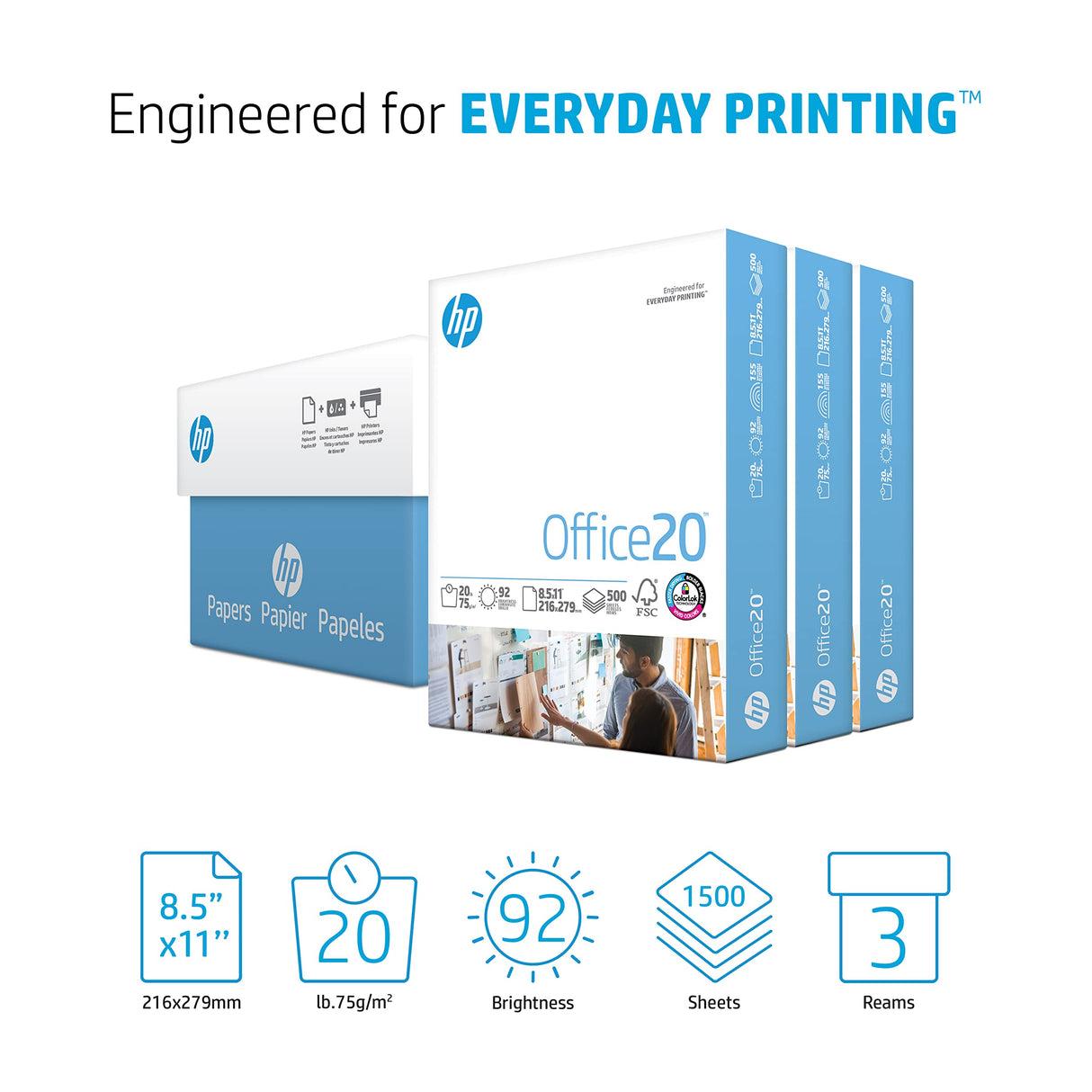 HP Printer Paper | 8.5 x 11 Paper | Office 20 lb | 3 Ream Case - 1500 Sheets | 92 Bright | Made in USA - FSC Certified | 112090C, White HP Papers
