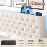 Queen Velvet Upholstered Bed Frame with Wingback Headboard, LED Lights, USB & Type-C Ports, Cream Hlivelood