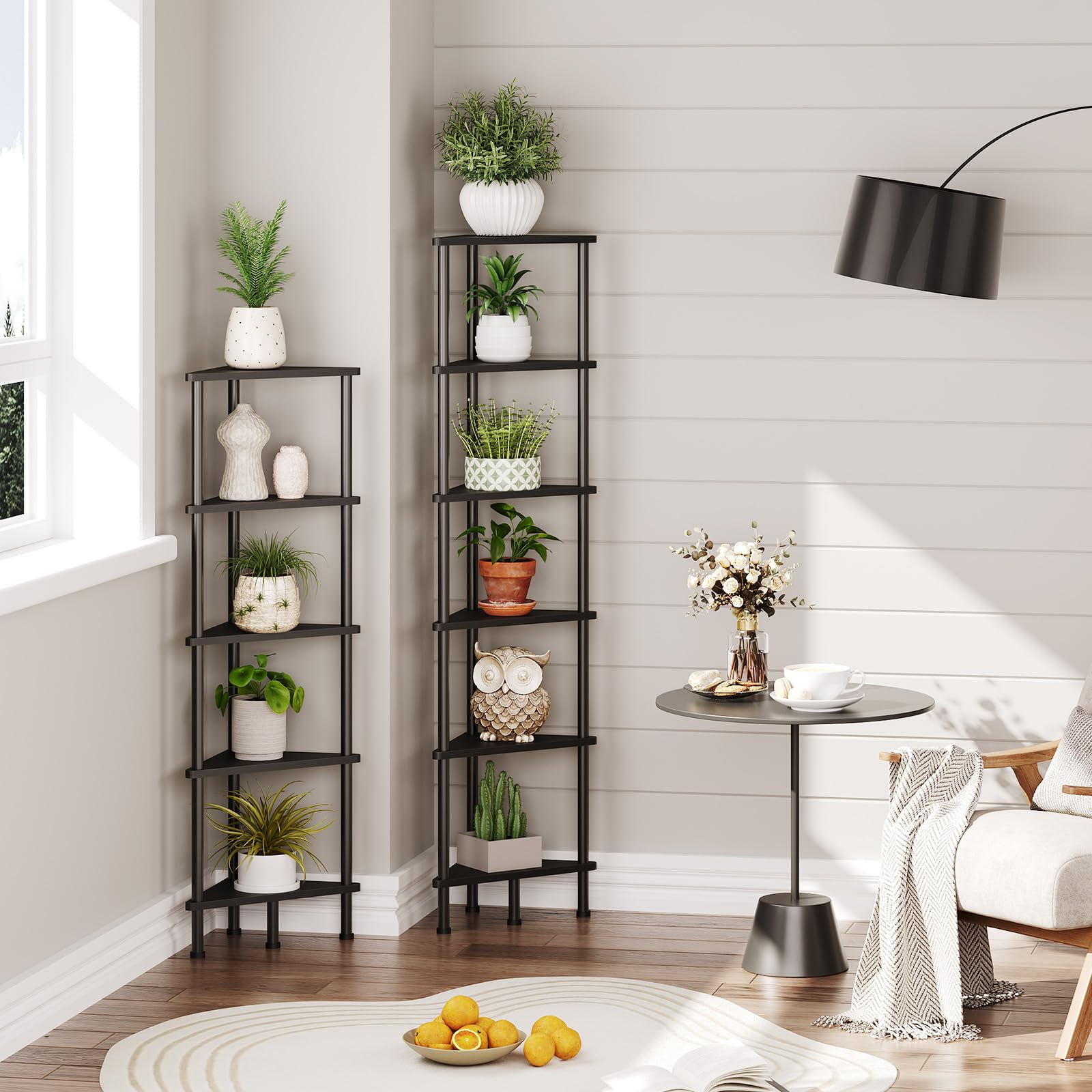 HOOBRO Industrial 6-Tier Corner Shelf – Stylish Black Wall Bookshelf for Small Spaces - WoodArtSupply