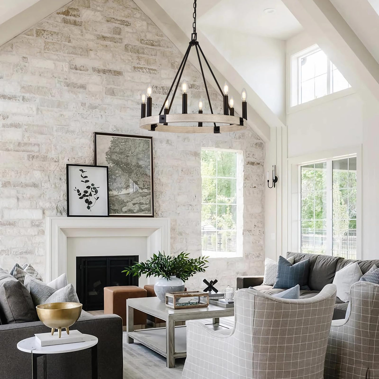 Alolvios D24'' Modern Farmhouse Chandelier, 8 Lights Wagon Wheel Chandeliers for Dining Room Kitchen Living Room Entryway, Rustic Adjustable Height Candle Chandelier Pendant, White Oak Finish Alolvios