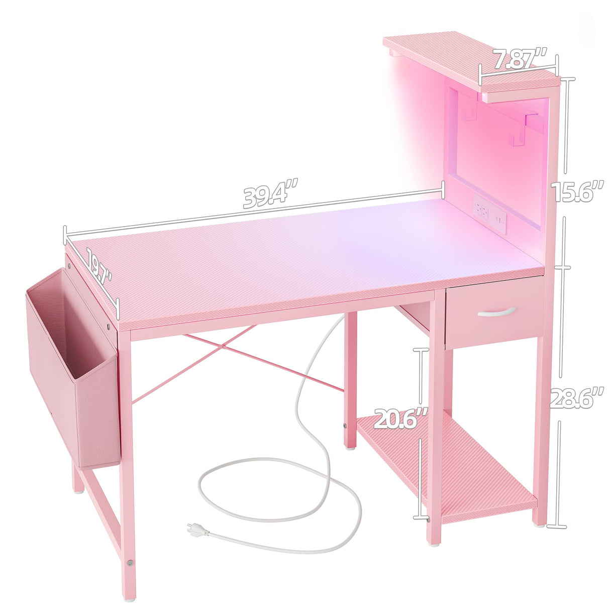 TIQLAB Gaming Desk 40 inch with Power Outlet and LED Light, Computer Desk with Reversible Shelves and Storage Drawer, Small PC Desk for Home Office Table with Bag, Carbon Fiber Pink TIQLAB