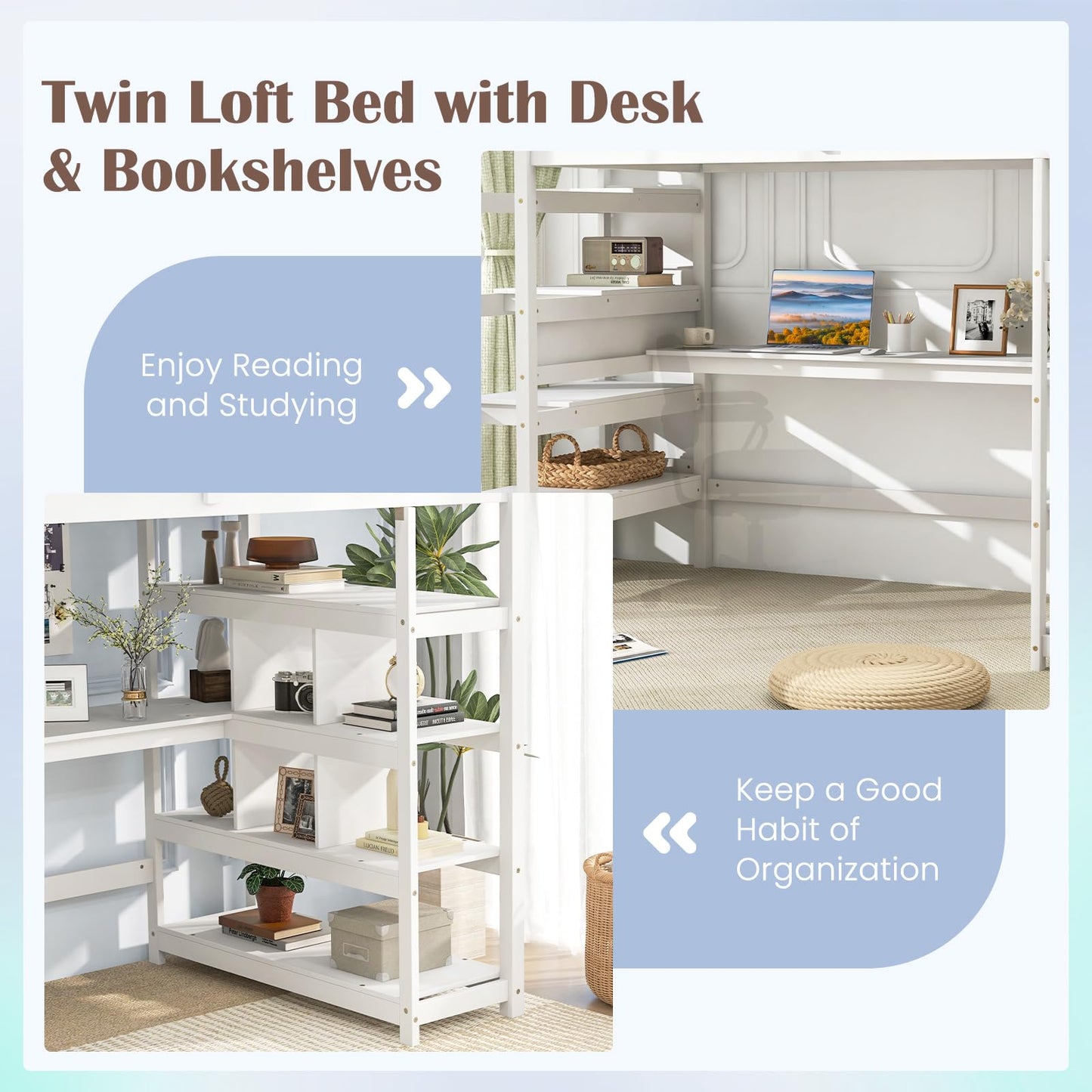 Giantex Twin Loft Bed with Desk & Storage Stairs - Solid Wood High Bed for Kids & Teens - White - WoodArtSupply