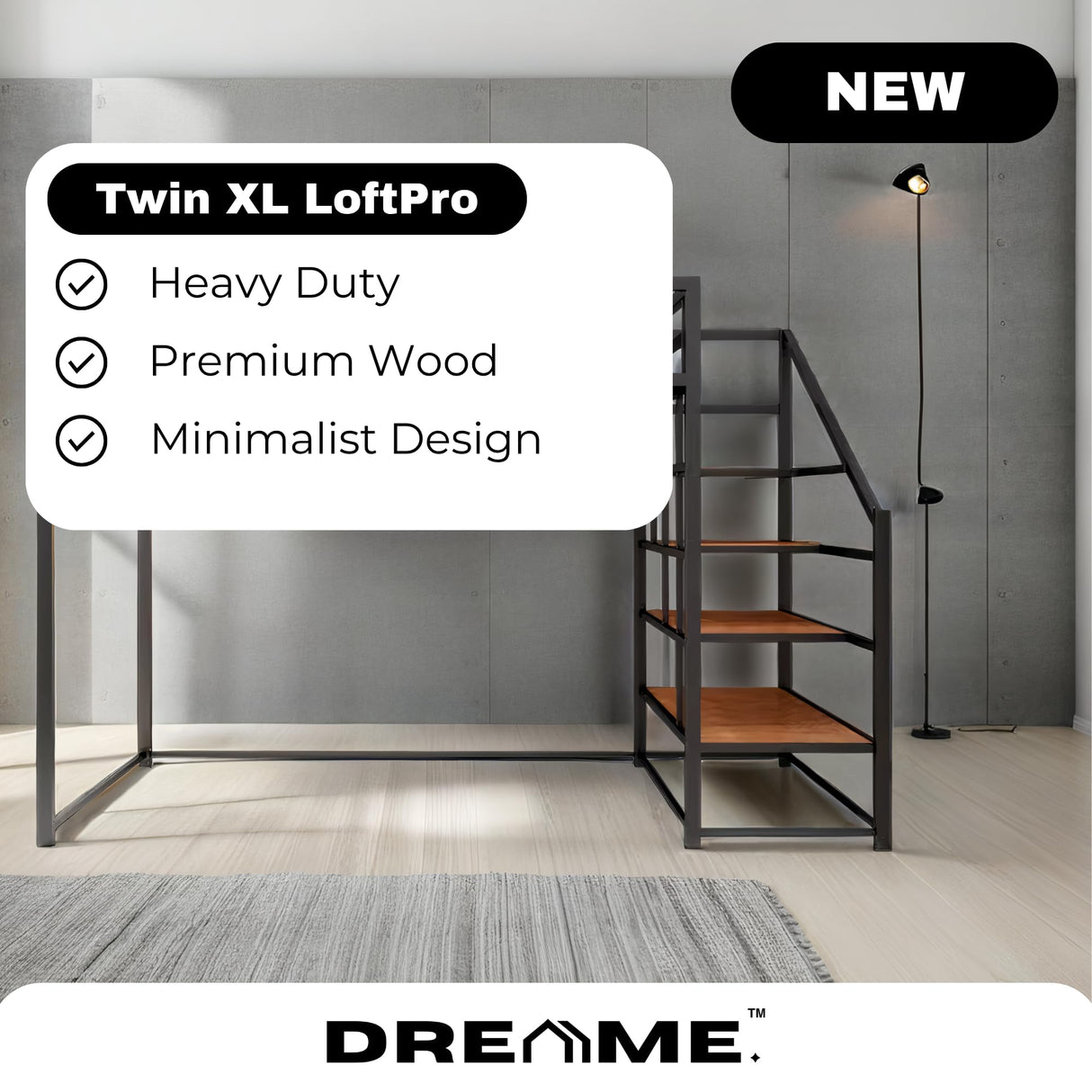 Dreame. Modern LoftPro Twin XL Metal Loft Bed Frame with Storage Shelves & Stairs, Space-Saving Design, Black Finish Dreame.