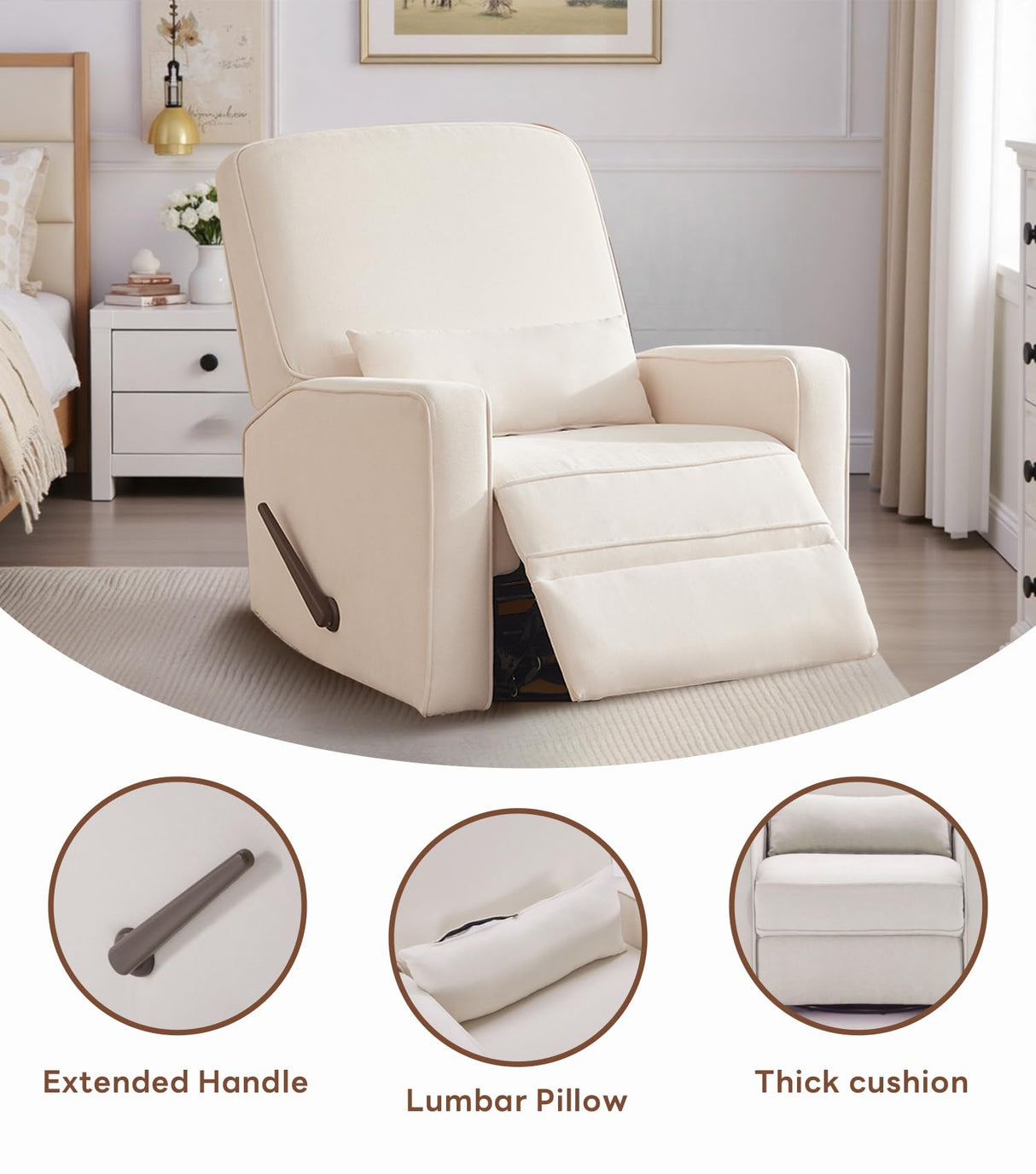 Tbfit 360° Swivel Recliner Chair, Nursery Rocking Chair with Lumbar Support for Bedroom, Comfy Upholstered Armchair with Pillows & Footrest for Living Room, Beige Tbfit