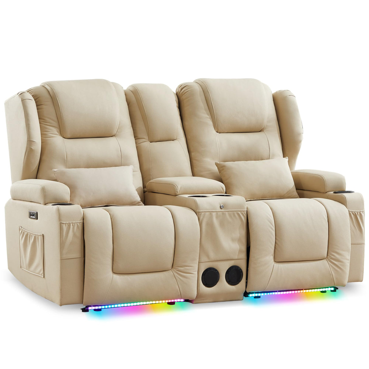 DRMBOOK RV Power Loveseat Recliner Sofa, Leathaire Fabric Wall Hugger Reclining Sofa with Console, Home Theater Seating Chair with Cup Holders, 2 Person Couch RV Furniture for Living Room, Beige DRMBOOK