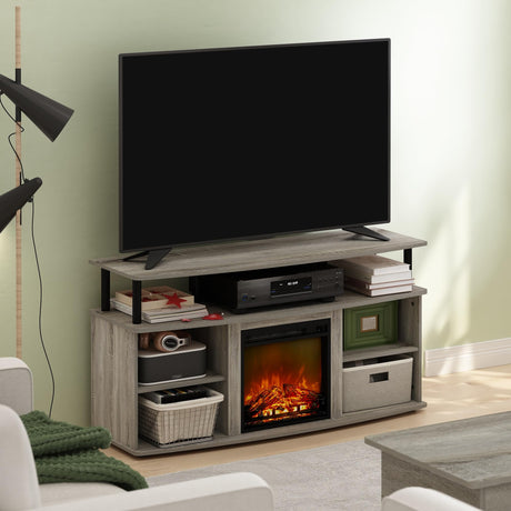 Furinno Jensen Open Shelving Storage Fireplace TV Entertainment Center for TV up to 55 Inch, French Oak Grey/Black Furinno