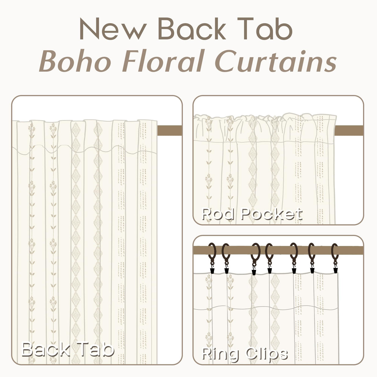 Neutral Farmhouse Curtains for Living Room 84 Inches Long,Taupe Cream Boho Light Filtering Sheer Patterned Modern Beautiful Linen Curtains with Floral Pattern Design Dining Room 84 Length 2 Panels Set Lino Rosa