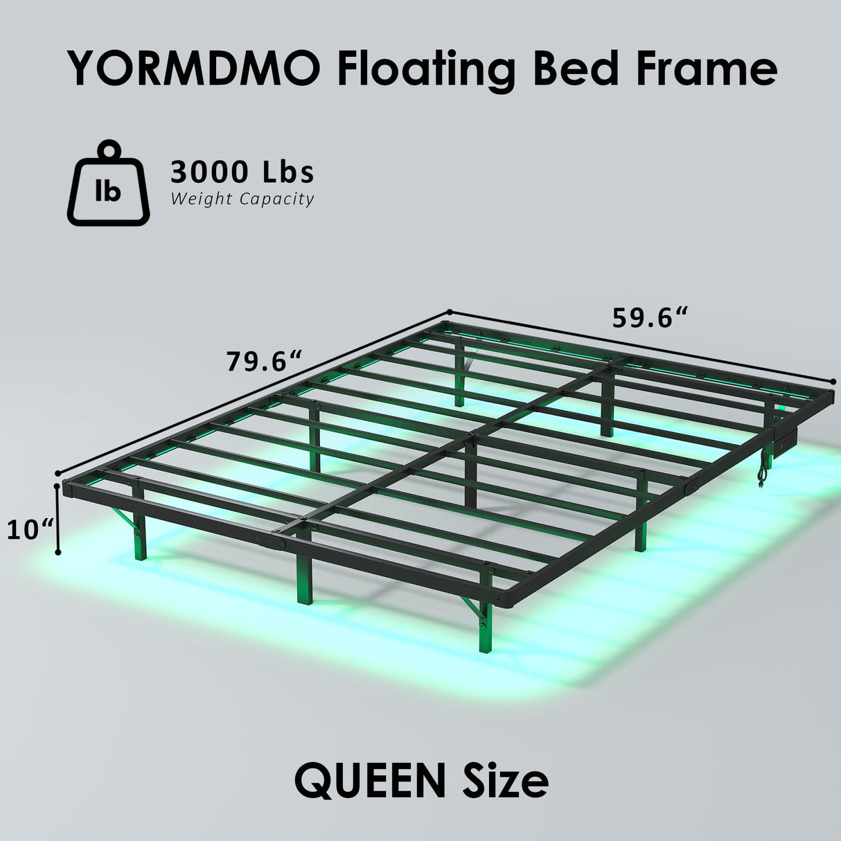 YORMDMO Floating Bed Frame Queen Size, Heavy Duty Bedframe with Smart LED Lights & Charging Station, Modern Metal Platform Bed, Easy Assembly No Box Spring Needed, 10 Inch YORMDMO