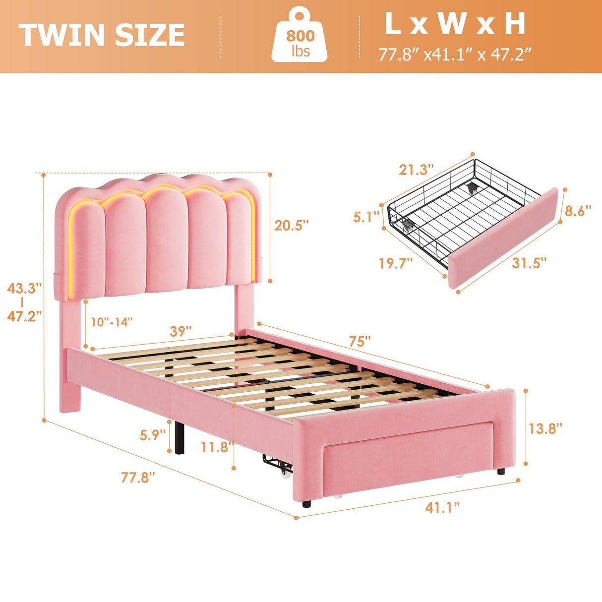 Twin Upholstered LED Bed Frame with Storage Drawer and Adjustable Chic Double Wavy Headboard, Velvet Princess Platform Bed for Girls/Kids, Solid Wood Slats Support, No Box Spring Needed, Pink Jocoevol