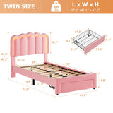 Twin Upholstered LED Bed Frame with Storage Drawer and Adjustable Chic Double Wavy Headboard, Velvet Princess Platform Bed for Girls/Kids, Solid Wood Slats Support, No Box Spring Needed, Pink Jocoevol