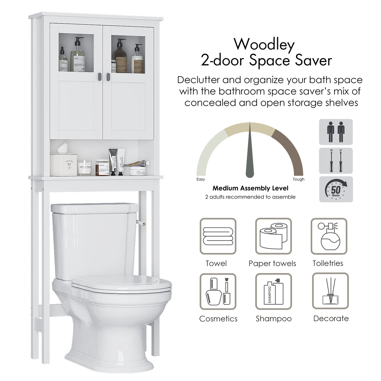 Spirich White Over Toilet Bathroom Storage Cabinet with Glass Doors and Adjustable Shelves Spirich
