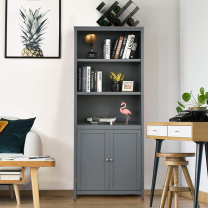 SILKYDRY 71.5" Grey Freestanding Bookshelf with Doors and Adjustable Shelves - WoodArtSupply