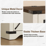 Farmhouse End Table with Charging Station, 26.4" H Side Table with Drawer and X Barn Door, Antique White Country Nightstand Bedside Table, Mid Century Modern Sofa Side Table for Living Room FiveWillowise