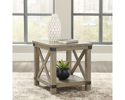 Signature Design by Ashley Aldwin Farmhouse Square End Table with Crossbuk Details, Light Brown - WoodArtSupply