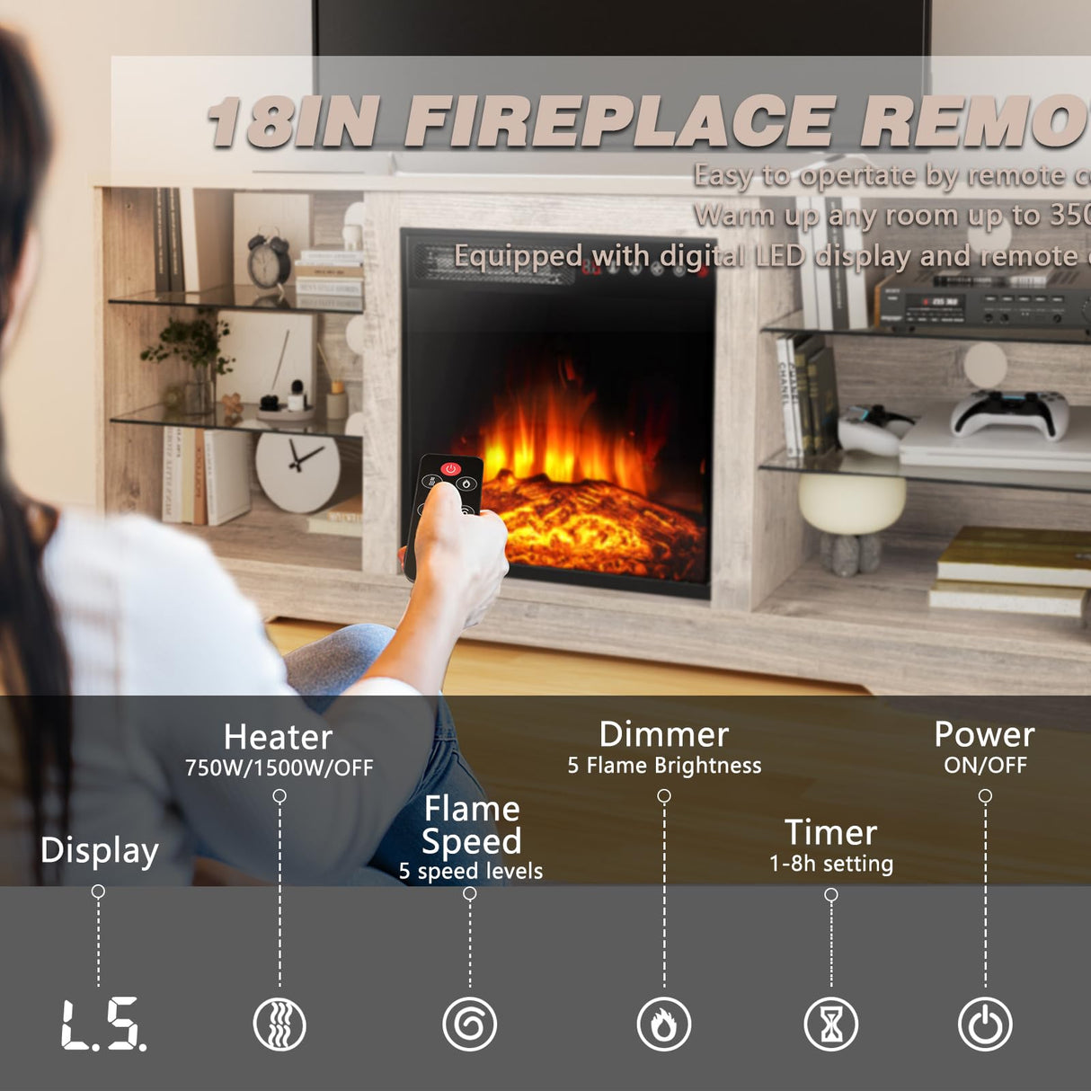 LEMBERI 58 Inches Fireplace TV Stand for TVs up to 65 Inches Console with 18'' Electric Fireplace & Remote, Wooden Modern Entertainment Center for Living Room with LED Light Glass Shelves (Grey) LEMBERI