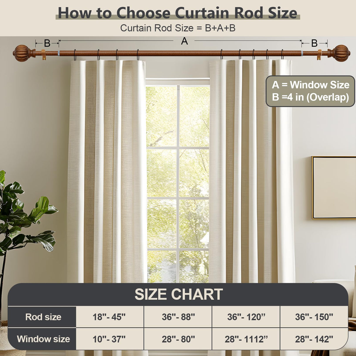 QDWIS Curtain Rods for Windows 28 to 48 Inch, 1 Inch Wood Adjustable Heavy Duty Decorative Drapery Rods with Classic Finials, Imitation Red Wood Window Curtain Pole, 18-45'' QDWIS