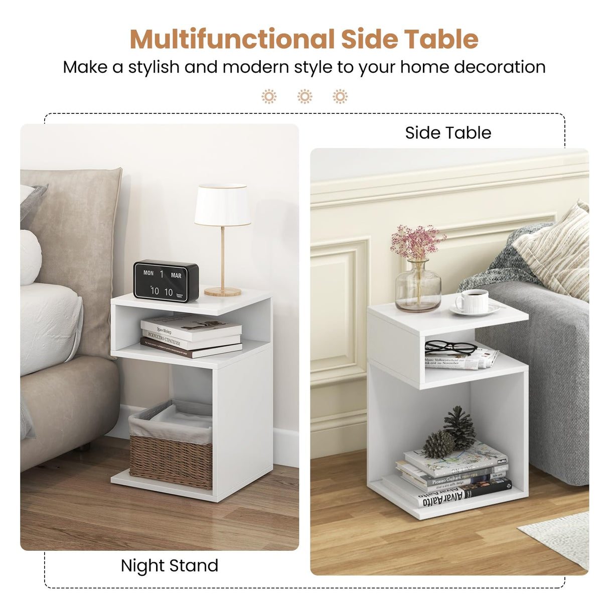 Giantex 3-Tier Side Table Set of 2, S-Shaped End Table with 2 Open Storage Compartments, Wood Narrow Bedside Table, Modern Nightstand for Bedroom, Living Room, Small Spaces, Easy Assembly, White Giantex