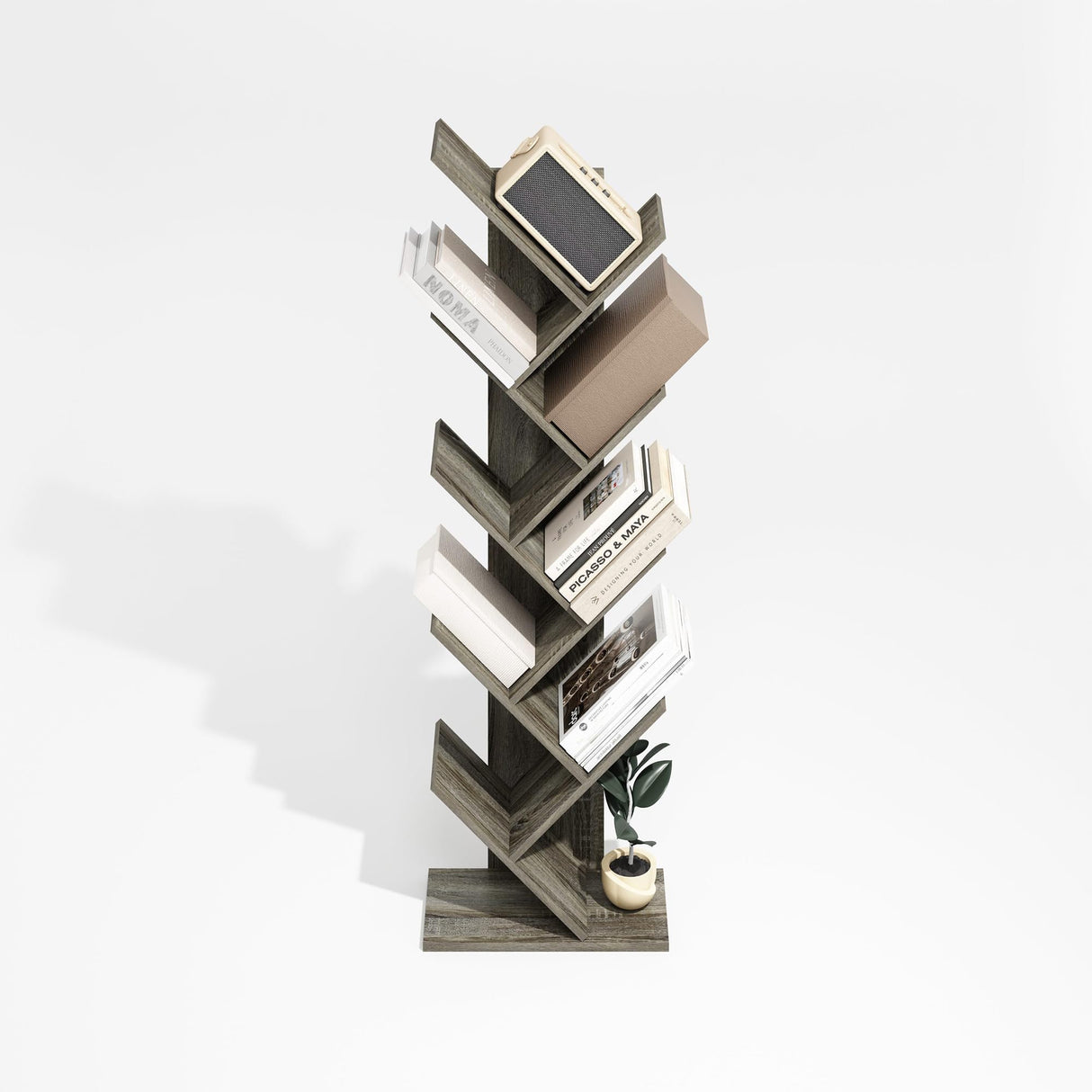 Furinno Tree Book Shelf, 9-Tier Tree Bookshelf with Open Shelf, Bookcase Storage Shelves, for Books, CD DVD, for Living Room, Home Office, Oak Grey Furinno