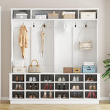 WOODTIME Extra Large Hall Tree with Bench and Shoe Storage, Multi-Purpose Entryway Bench with Coat Rack, Adjustable Shelves, 6 Double Hooks and 21 Open Compartments, White WOODTIME