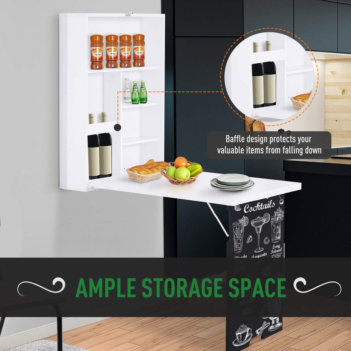 HOMCOM Wall Mounted Foldable Desk with a Blackboard, Fold Out Convertible Floating Desk with Shelves, White HOMCOM