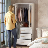 Hitow Wardrobe Armoire Closet with Glass Doors, 63.3" W Wardrobe Storage Cabinet with 3 Drawers & Hanging Rod, Wardrobe Armoire Dresser for Bedroom Clothing Organizer, White Hitow
