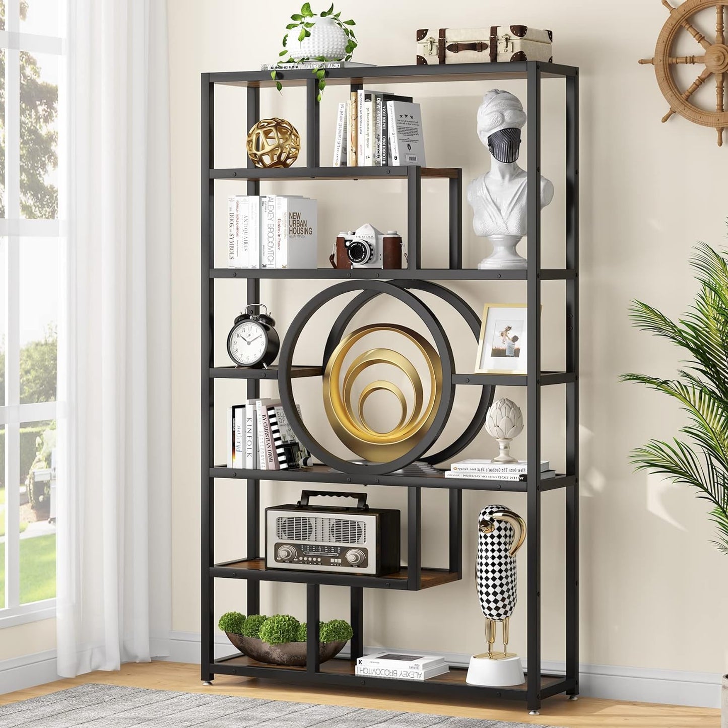 Tribesigns 72-Inch Geometric Industrial Bookshelf with 11 Open Shelving Units - WoodArtSupply