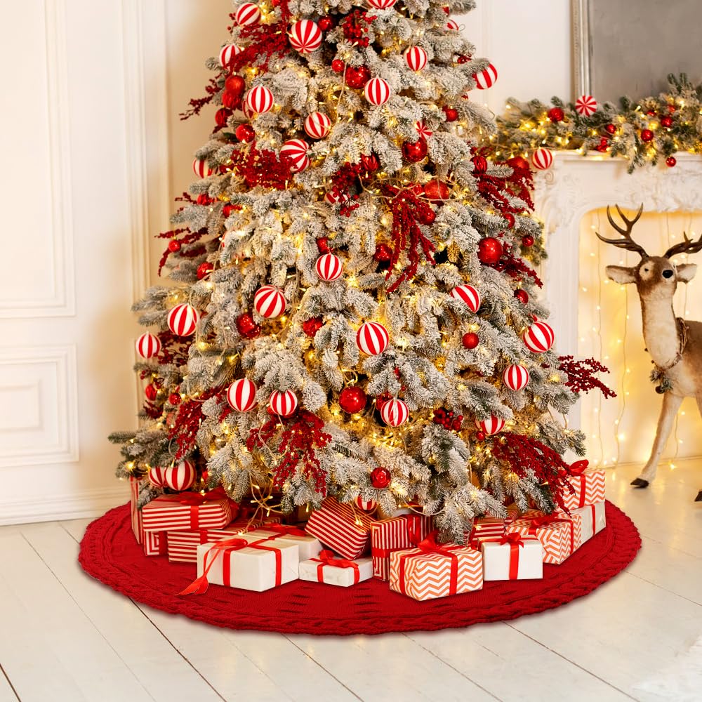 YUJUN 48 Inches Christmas Knitted Tree Skirt Decorations Xmas Large Red Chunky Cable Farmhouse Thick Rustic Tree Skirt for Merry Christmas Tree Holiday Home Party Decoration YUJUN