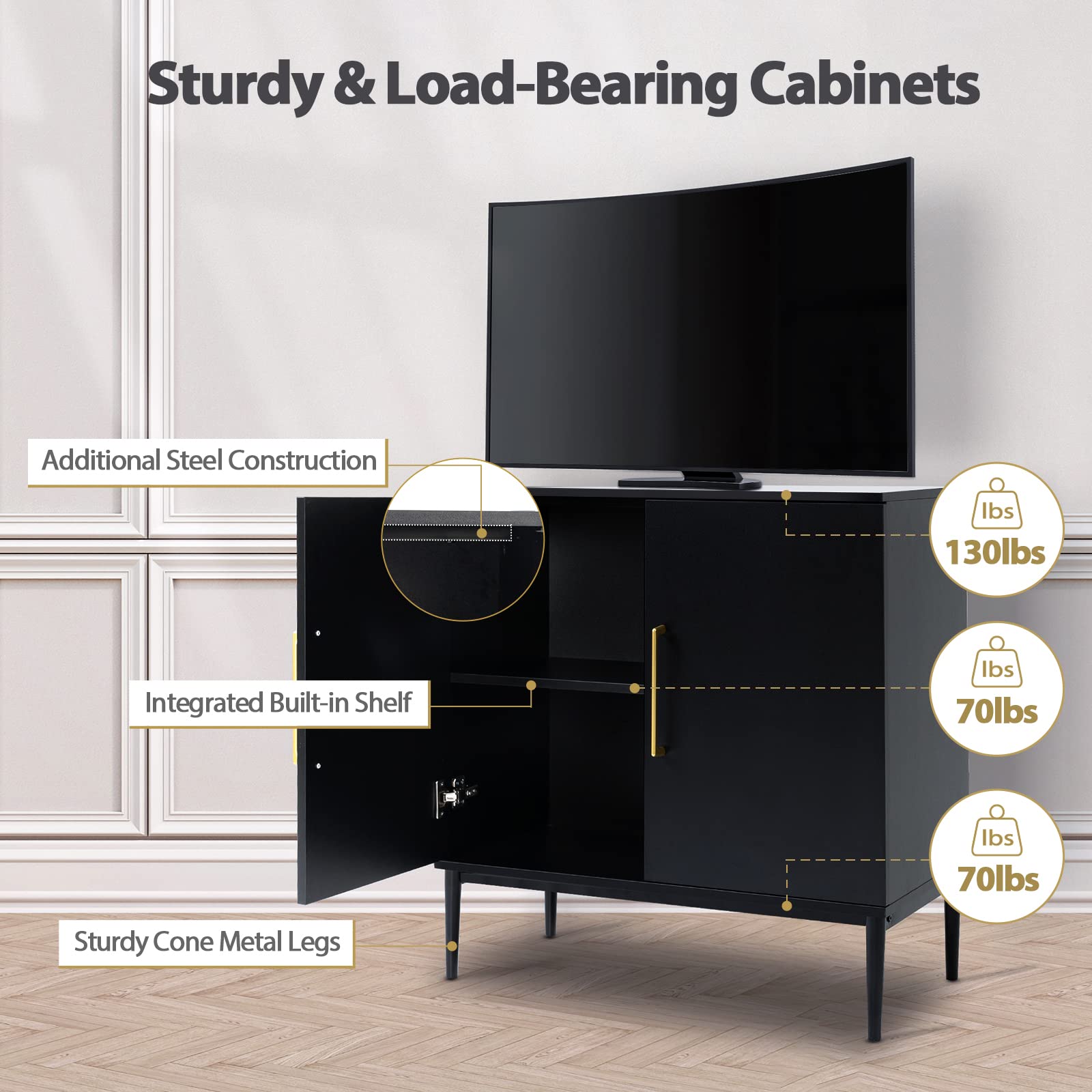 Vrullu Modern Storage Cabinet, Free Standing Buffet Cabinet, Black Sideboard and Buffet Storage, Wood Accent Cabinet for Living Room, Hallway, Entryway, Dining Room, Bedroom (1, Black) - WoodArtSupply