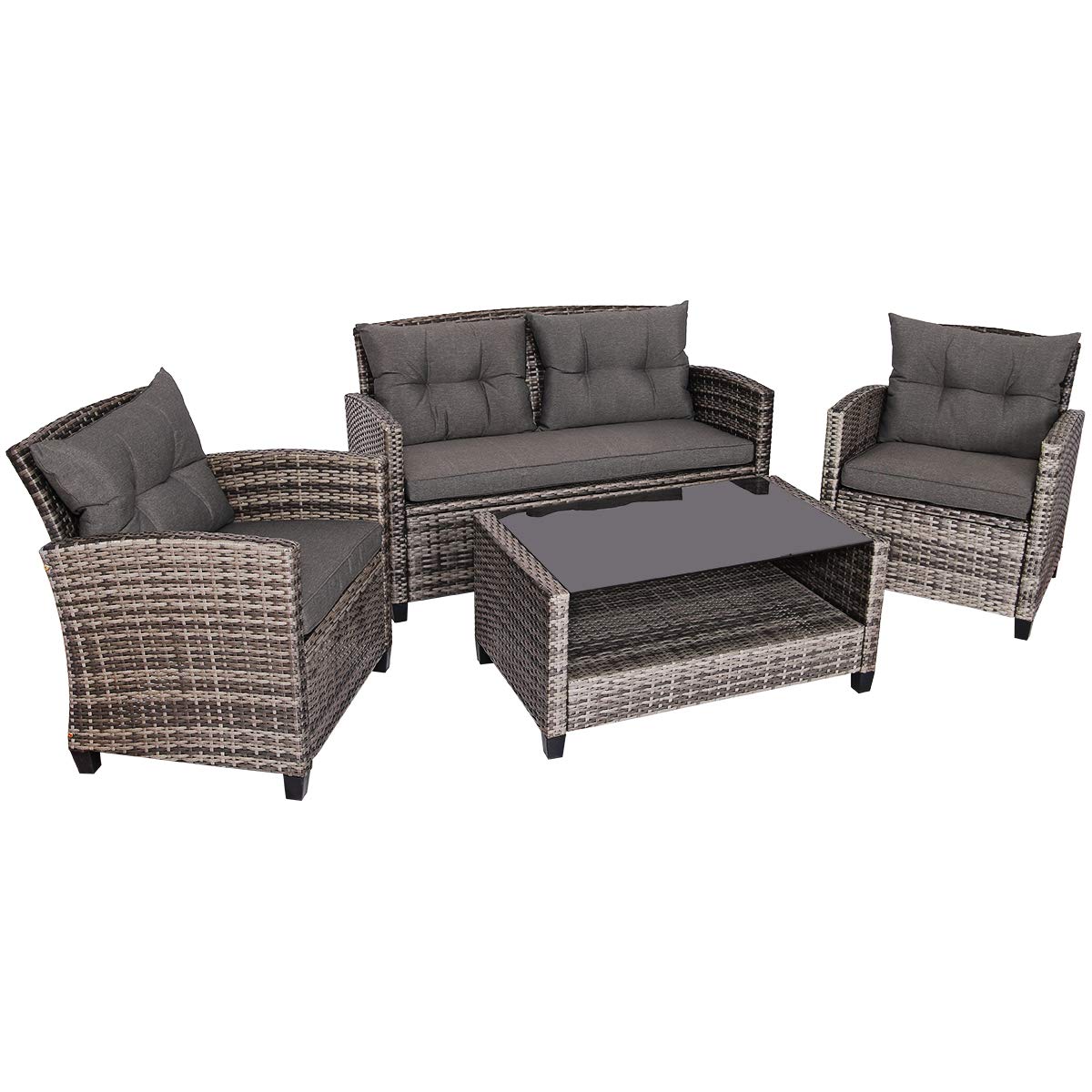 Tangkula 4 PCS Patio Wicker Conversation Furniture Set, Outdoor Rattan Sofa Set with Padded Cushion & Tempered Glass Coffee Table, Wicker Sectional Sofas & Table for Courtyard Balcony Garden (1, Grey) Tangkula
