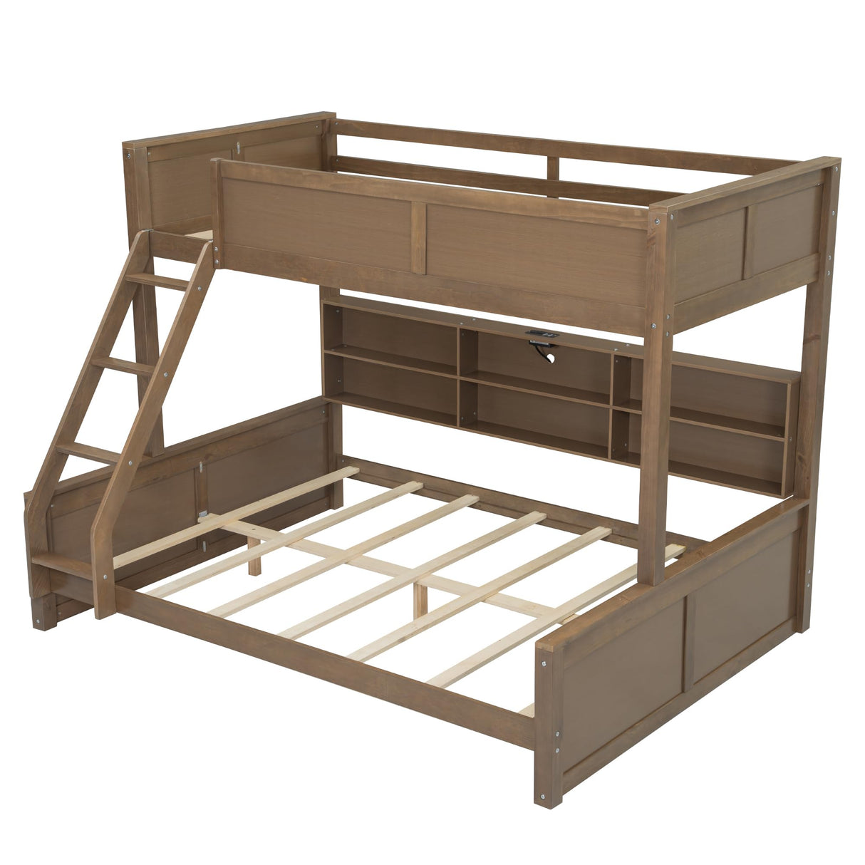 Full XL Over Queen Bunk Bed with Storage Cabinets and USB Ports, Solid Pine Wood Frame, Safety Guard Rails, No Box Spring Needed (Wood2, Full XL Over Queen) RUNNA