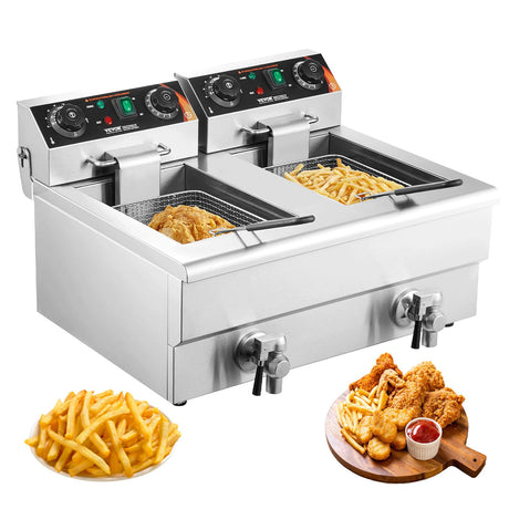 VEVOR Commercial Deep Fryer, Dual Tank 3000W Electric Countertop Fryer with Basket, 2 x 11.6Qt/11L Double Stainless Steel Oil Fryer with Oil Filtration, Time & Temp Control, for Kitchen Restaurant Use VEVOR