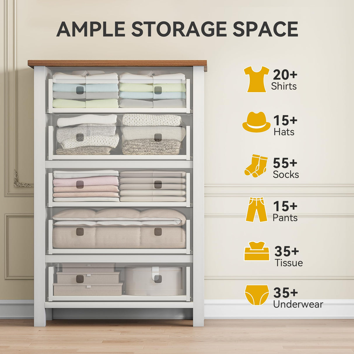 DWVO Farmhouse 5 Drawer Dresser for Bedroom with Power Outlets, Modern Tall Nightstand with Deep Drawers, Wood White Closet Dresser for Living Room, Entryway, Hallway DWVO