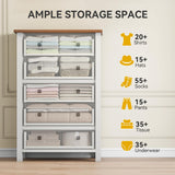 DWVO Farmhouse 5 Drawer Dresser for Bedroom with Power Outlets, Modern Tall Nightstand with Deep Drawers, Wood White Closet Dresser for Living Room, Entryway, Hallway DWVO