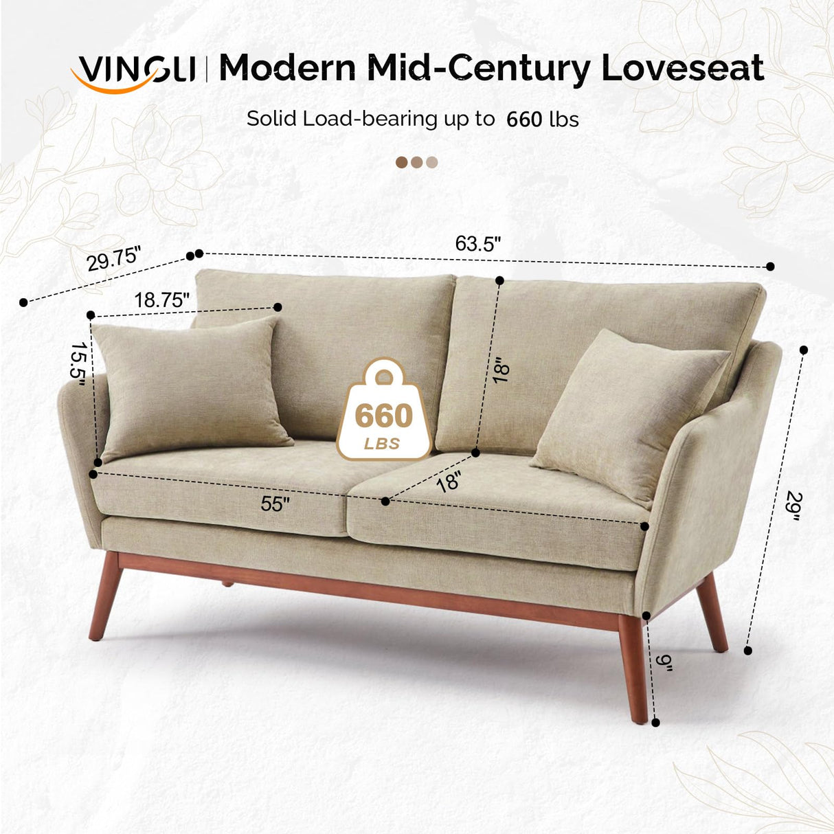 VINGLI 63.5" Comfy Small Upholstery Love Seat Couch with Soild Rubber Wood Frame, 2 Seater Mid Century Linen Fabric Loveseat Sofa, Mini Couch with Two Pillows for Small Spaces, Bedroom, Khaki VINGLI
